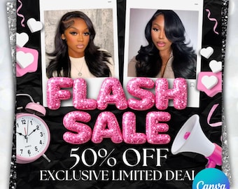 Folleto de oferta relámpago, folleto de oferta especial, folleto de reserva inmediata, folleto de venta relámpago, folleto de peluquería, trenzas, tecnología de uñas, tecnología de pestañas, maquillador, folleto de pelucas, plantilla de Canva