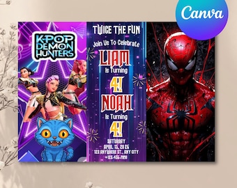 Invitación de cumpleaños para hermanos editable, invitación doble de cumpleaños, invitación doble para gemelos, invitación doble para niño y niña, editable en Canva