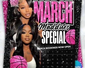 Folleto de reservas para March Madness, folleto de reservas para marzo, folleto de rebajas de marzo, folleto de reserva inmediata, folleto de MUA con trenzas, pestañas y uñas, folleto de baloncesto, Canva