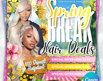 Folleto de ofertas de peluquería para las vacaciones de primavera, plantilla editable de Canva, especial de salón de belleza