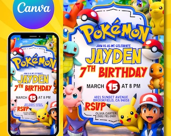 Invitación de cumpleaños de Pokémon, invitación a fiesta de Pokémon, plantilla de tarjeta infantil, descarga digital editable de Canva