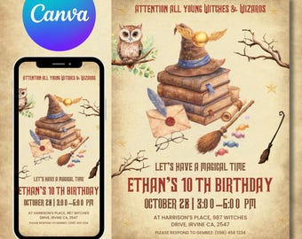 Invitación de cumpleaños de magos y brujas, invitación de magos, invitación de cumpleaños de la escuela de magia, descarga digital, plantilla editable de Canva
