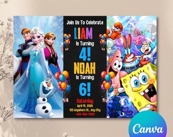 Invitación de cumpleaños para hermanos editable, invitación doble de cumpleaños, invitación doble para gemelos, invitación doble para niño y niña, editable en Canva