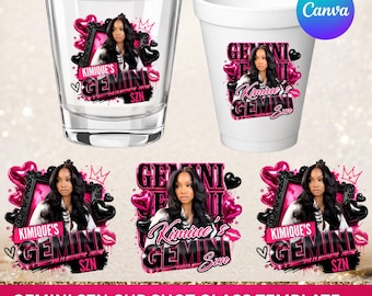 Gemini Cup Sticker Template, Pink Birthday Sticker Template Zodiac Signs, Birthday Party Sticker Template Gemini Season Birthday Cup, Canva