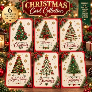 Puede incluir: Una colección de seis tarjetas navideñas de color crema con varias ilustraciones de árboles de pino verdes, estrellas doradas, lazos rojos y copos de nieve dorados. Cada tarjeta muestra textos festivos como Merry Christmas, Happy Holidays y Season's Greetings.