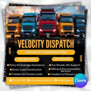 May include: An advertisement for Velocity Dispatch featuring a row of colorful semi-trucks. The text reads "Velocity Dispatch" and "A Decade of Trusted Dispatching." Services include policy assistance, load coordination, and load choice.