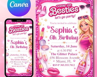 Invitación editable de cumpleaños de muñeca de moda, fiesta de cumpleaños rosa intenso de Malibú, invitación para mejores amigas, descarga instantánea, plantilla de Canva.