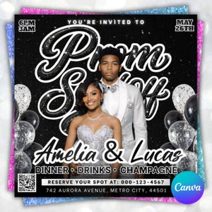 May include: A black and white invitation for a prom event. The invitation features the text "Prom Soirée" in a sparkly font, along with the names "Amelia & Lucas." The invitation also includes details about dinner, drinks, and champagne.