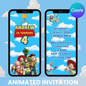 May include: Animated invitation on a smartphone screen with a blue sky background and white clouds. The invitation features the text "ANDREW IS TURNING 4" and "SATURDAY, 10 JULY, 2026". Toy Story characters are also featured.
