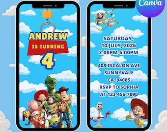 Plantilla editable de invitación de cumpleaños de Toy Story, invitación para fiesta de cumpleaños, Canva editable para cumpleaños, invitación digital de Toy Story para cumpleaños