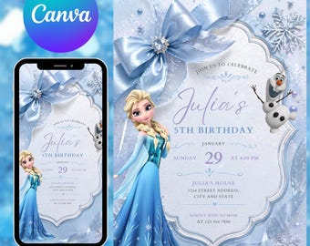 Frozen Birthday Invitation, Editable Canva Template, Snowflake Winter Party Invite, Ice Princess Birthday Invite, Digital Download