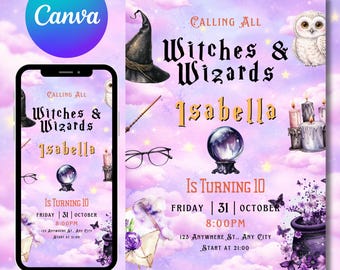 Invitación de cumpleaños de magos y brujas, invitación de magos, invitación de cumpleaños de la escuela de magia, descarga digital, plantilla editable de Canva