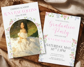 Floral Graduation Announcement Template | Class of 2026 Senior Girl Photo Card | Editable Scalloped Frame Wildflower Grad Invite