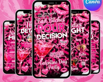 Invitación para el Día de Galentines, Invitación para el Día de San Valentín, Estampado de leopardo rosa, Fiesta del Día de Pour Decisions, Fiesta de pijamas para chicas, Descarga digital