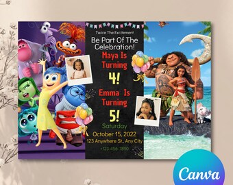 Editable Sibling Birthday Invitation, Double Birthday Invite, Dual Combined Twins, Boy and Girl Double Invite, Canva Editable