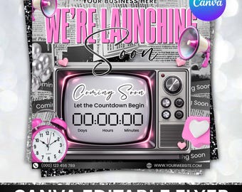 Nuevo folleto para sitio web, próximamente: redes sociales, cabello, pestañas, tecnología, uñas, trenzas, plantilla de Canva, plantilla para lanzamiento de sitio web.