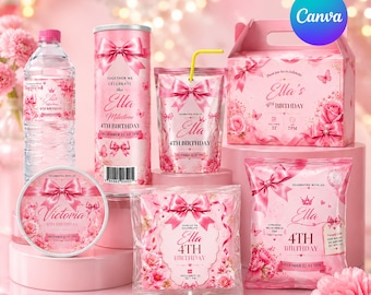 Pink Bow Birthday Party Bundle: Editable Favor Kit, Pink coquette birthday party kit, chip bag, water bottle, thank you tag, DIY Canva