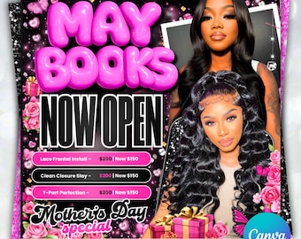 Folleto de reservas de mayo, Folleto de reservas para el Día de la Madre, Peluquería de mayo, Reservas abiertas para mayo, Folleto de citas de mayo, Reserva ahora para mayo, Folleto de extensiones de pestañas, uñas, trenzas y pelucas de mayo
