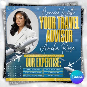 May include: A promotional graphic for a travel advisor, Amelia Rose, featuring a woman in a white blazer with an airplane graphic. Text includes "Connect With Your Travel Advisor" and "Our Expertise: Ocean Cruise Trips, Air Ticket Booking, Hotel Reservations, Guided Tours, Individual Travel Plans, Family Tours."