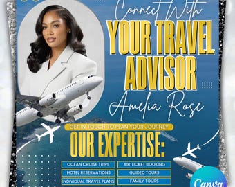 Folleto editable para agencia de viajes, plantilla de Canva (descarga digital)