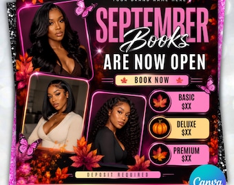 September booking flyer, September Calendar, Fall Season Booking Flyer, Fall Szn Sale, Wig Install, Lash Nail Braids Flyer, Canva Editable