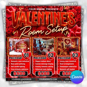 May include: An advertisement for Valentine's Day room setups, featuring a red and gold colour scheme. The text reads "Valentine's Room Setup" with three package options, each showcasing room decor ideas and prices. The image includes heart-shaped balloons and floral arrangements.