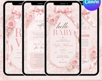 Pink Bow Baby Shower Video Invitation, Hello Baby Canva Video Invite, Coquette Baby Shower Invitation, Baby Girl Digital Invite