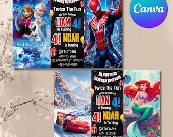 Invitación de cumpleaños para hermanos editable, invitación doble de cumpleaños, invitación doble para gemelos, invitación doble para niño y niña, editable en Canva