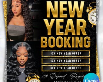 Plantilla de volante de reservas de Año Nuevo para peluquería, pestañas y uñas (producto digital)