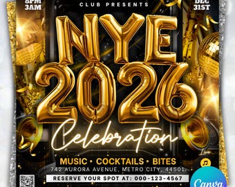 Volante para fiesta de Año Nuevo 2026, evento en discoteca (plantilla de Canva DIY)