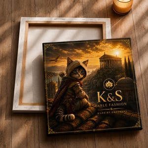 Könnte beinhalten: Ein quadratischer Leinwanddruck mit einer Katze in Kapuzenumhang und Rüstung vor einer Sonnenuntergangslandschaft mit einem klassischen Tempel. Der Text K&S FABLE FASHION MADE BY DREAMERS ist in Gold auf der rechten Seite aufgedruckt.