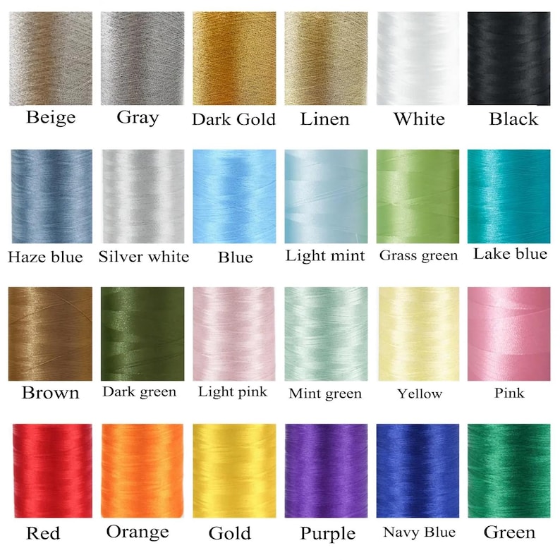 K&ouml;nnte beinhalten: Eine Sammlung von Garnrollen in verschiedenen Farben, darunter Beige, Grau, Dunkelgold und Schwarz. Das Bild zeigt auch Farbt&ouml;ne von Blau, Gr&uuml;n, Rosa und Gelb, wobei jede Rolle mit ihrem Farbnamen beschriftet ist.