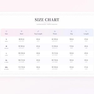 K&ouml;nnte beinhalten: Gr&ouml;&szlig;entabelle f&uuml;r die Comfort & Style Ruffle Kollektion. Die Tabelle zeigt Ma&szlig;e f&uuml;r Brust, Oberteill&auml;nge, Taille, H&uuml;fte und L&auml;nge in cm und Zoll. Gr&ouml;&szlig;en von S bis XXL.