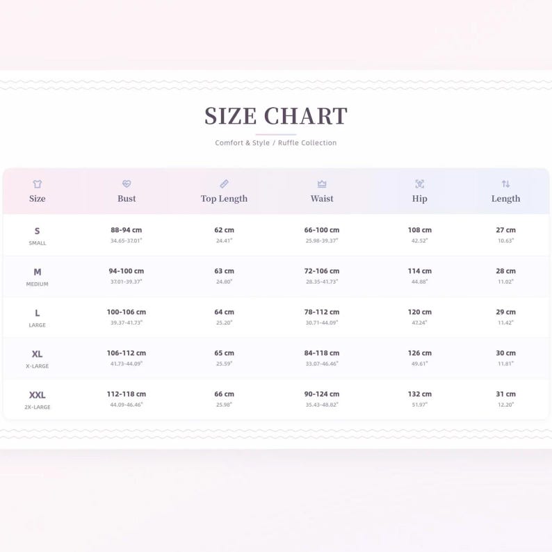 K&ouml;nnte beinhalten: Gr&ouml;&szlig;entabelle f&uuml;r die Comfort & Style Ruffle Kollektion. Die Tabelle zeigt Ma&szlig;e f&uuml;r Brust, Oberteill&auml;nge, Taille, H&uuml;fte und L&auml;nge in cm und Zoll. Gr&ouml;&szlig;en von S bis XXL.