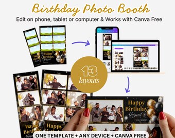 Szablon Canva na urodzinową budkę fotograficzną – edytowalny, do druku kolaż zdjęć, 13 układów (paski i kartki)