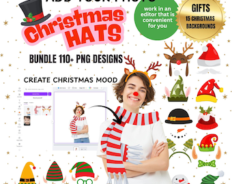 Zestaw świątecznych czapek w formacie PNG, czapki Świętego Mikołaja i elfów, świąteczne rekwizyty do fotobudki, przezroczyste tła w formacie PNG, świąteczne grafiki wektorowe, natychmiastowe pobieranie