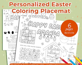 Spersonalizowany szablon wielkanocnej podkładki do kolorowania, arkusz aktywności dla dzieci, do druku, 11 x 8,5 cala, 6 stron