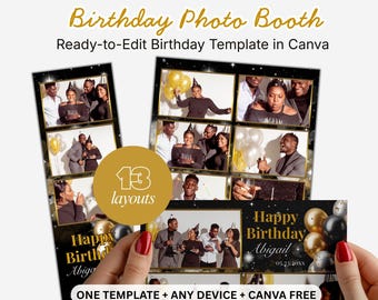 Szablon fotobudki urodzinowej – edytowalne ramki Canva 2x6, 4x6, 6x4 cale (do pobrania w wersji cyfrowej)