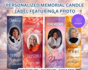 Spersonalizowany szablon etykiety na świecę pamiątkową, opakowanie pogrzebowe ze zdjęciem, edytowalny Canva