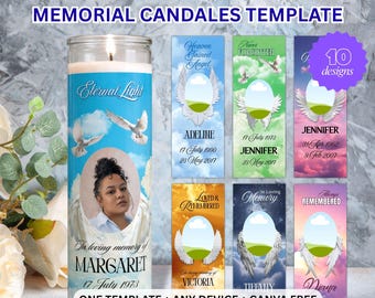 Szablon etykiety na świecę pamiątkową, zdjęcie pamiątkowe, edytowalny słupek ze zdjęciem pogrzebowym o średnicy 8 cali (do pobrania cyfrowego)