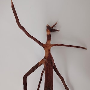 Puede incluir: Una escultura de madera artesanal única que representa una figura humana. La escultura está hecha de madera natural, con un tronco marrón oscuro y ramas marrones claras. Los brazos están extendidos y las piernas están en posición de caminar.