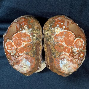 May include: Two polished agate stone slices. The stones display a mix of colours, including shades of orange, brown, and white, with intricate patterns. The edges of the stones are rough, and the overall appearance is natural and earthy.
