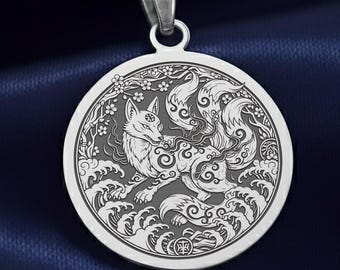 Silver Kitsune Necklace: Nine Tailed Fox Charm , Japanese Anime Jewelry