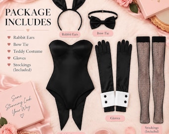 May include: A black rabbit costume set including a strapless teddy, satin rabbit ears headband, bow tie, long gloves with white cuffs and black buttons, and fishnet stockings. Text on the image reads PACKAGE INCLUDES, Rabbit Ears, Bow Tie, Teddy Costume, Gloves, Stockings (Included), CONFIDENCE LOOKS GOOD ON YOU, and Same Stunning Look Your Way.