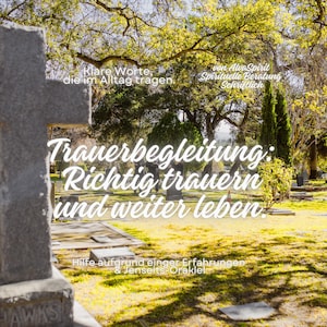 Puede incluir: Una escena de cementerio con una gran cruz de piedra gris en primer plano y el texto: Klare Worte, die im Alltag tragen. von AlvaSpirit Spirituelle Beratung Schriftlich. Trauerbegleitung: Richtig trauern und weiter leben. Hilfe aufgrund einiger Erfahrungen & Jenseits-Orakel.