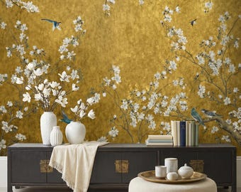Gold Leaf Chinoiserie Wallpaper Vinyl Peel and Stick Removable White Floral Wall Mural