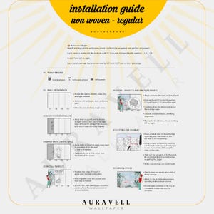 May include: An installation guide for non-woven wallpaper, featuring step-by-step instructions. The guide includes diagrams and text, detailing wall preparation, panel installation, and overlap cutting. The guide is from Auravell Wallpaper.