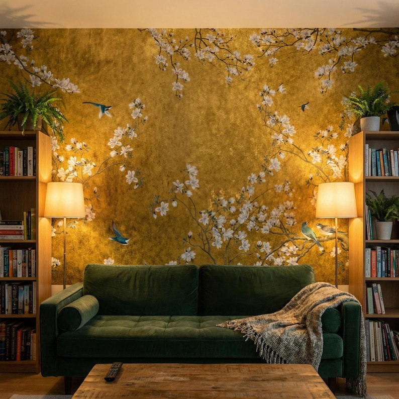 May include: A living room scene featuring a dark green velvet sofa, a wooden coffee table, and two wooden bookshelves. The focal point is a gold-toned wallpaper with white floral and bird designs. Two lamps provide warm lighting.