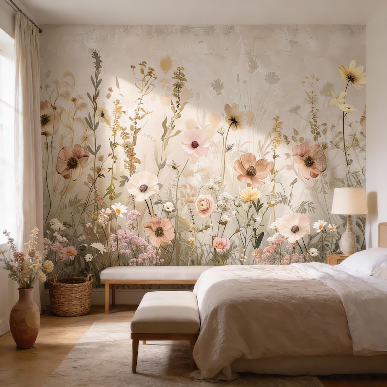 May include: A bedroom with a floral mural featuring large, soft-colored flowers in shades of pink, peach, and white. The room includes a bed with a beige comforter, a bench, and a woven basket. A lamp sits on a bedside table.