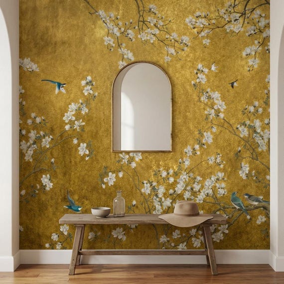 Gold Leaf Chinoiserie Wallpaper Vinyl Peel and Stick Removable White Floral Wall Mural